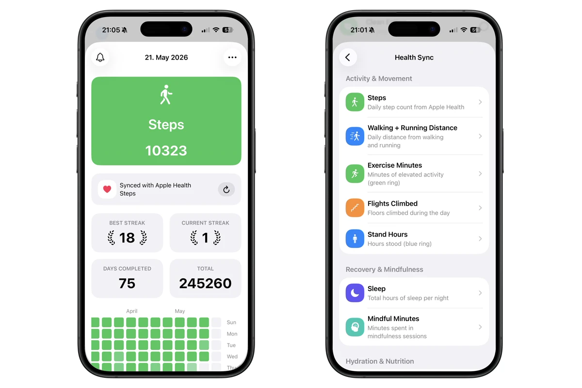 Better app screens showing Apple Health step sync and a daily Steps habit with 10,323 steps