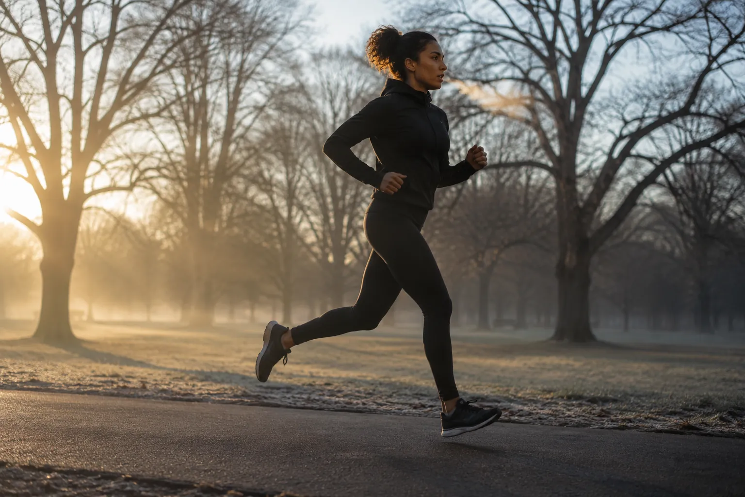 75 Hard — woman pausing on a misty trail at sunrise