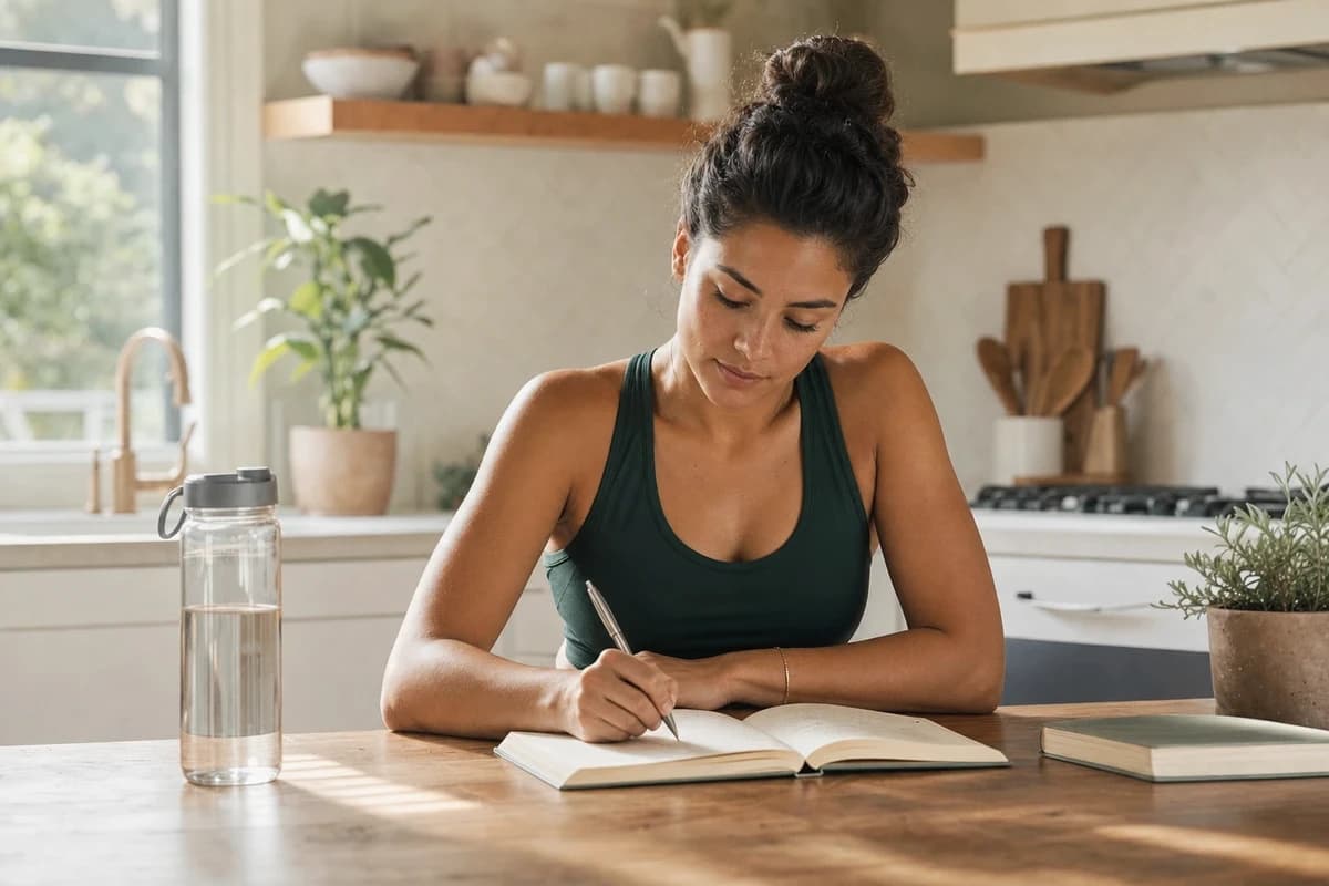 Woman journaling at a kitchen table with a water bottle and book nearby