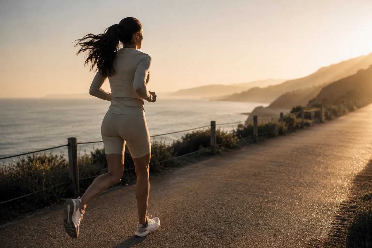 75 Soft — woman on a coastal path at sunrise